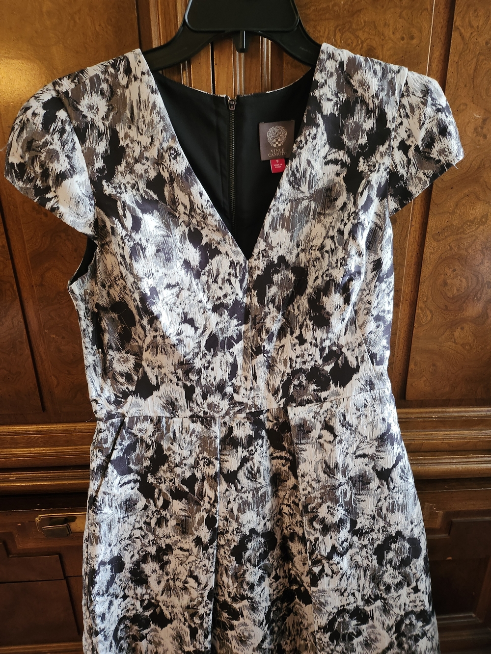 Floral Jacquard V-Neck Dress in Black and White